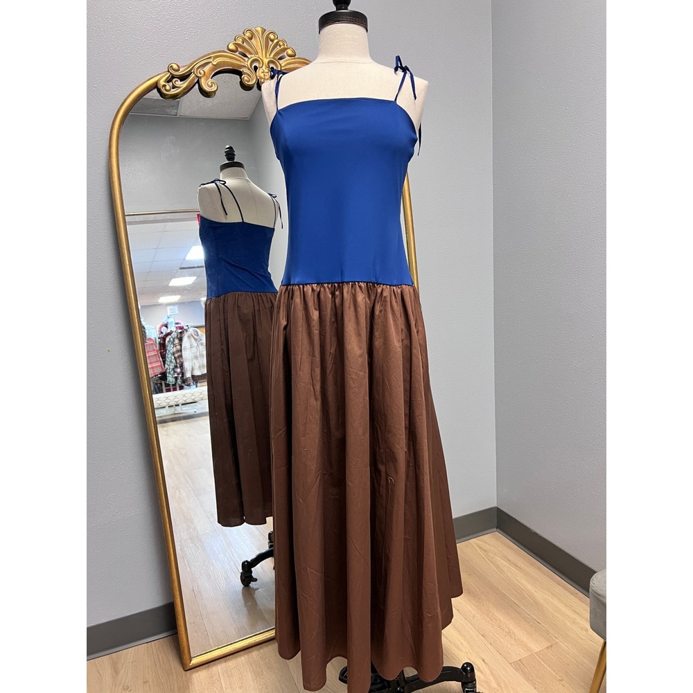 Anthropologie Maxi Dress Womens M Navy Blue Brown NWT Tie Shoulder Colorblock
